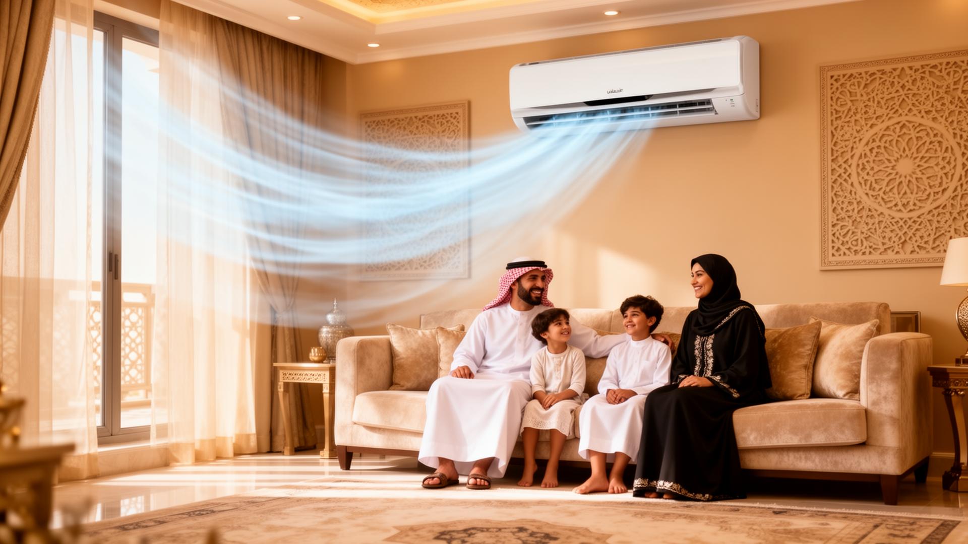 Arabian family enjoying cool air conditioning in a luxury Doha living room